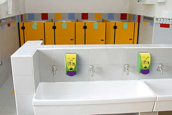 Image of a colourful washroom in a children's school.